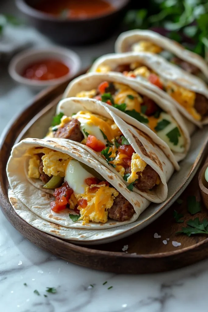 Loaded breakfast burritos with eggs, cheese, and veggies on a plate