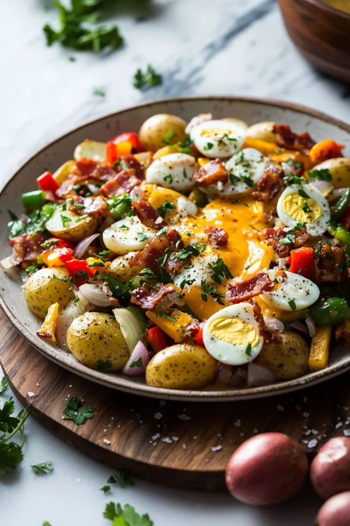 Delicious loaded breakfast hash with potatoes, veggies, and meat