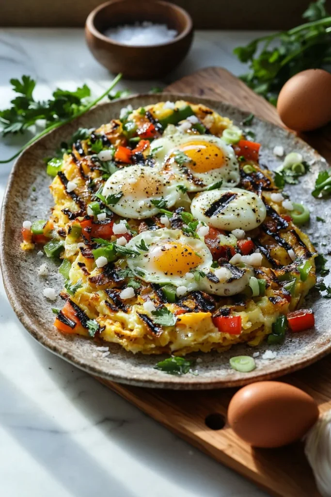 Loaded grilled hash brown omelette topped with fresh vegetables and cheese