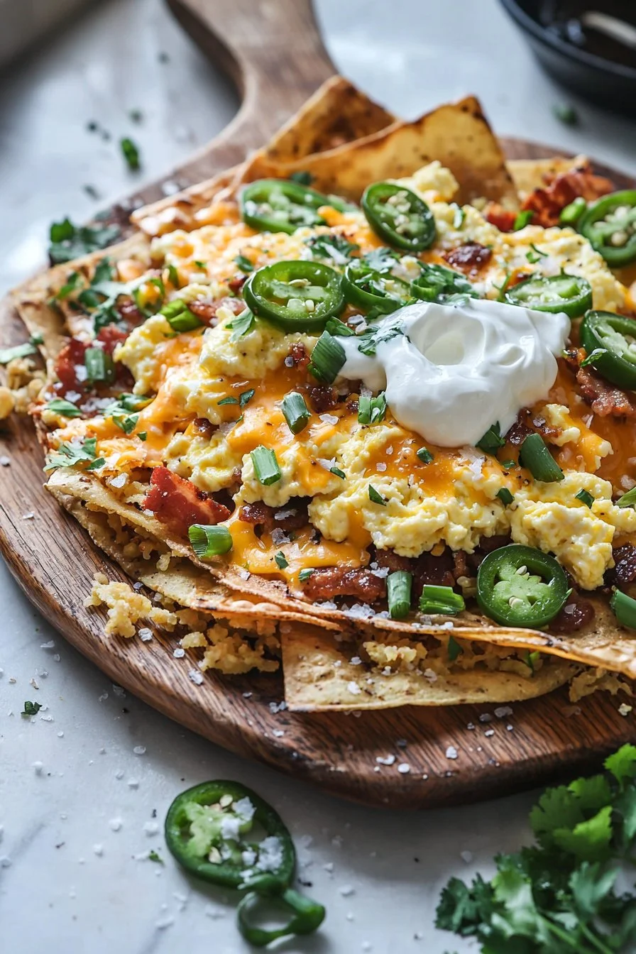 Loaded Hash Brown Breakfast Nachos topped with cheese and toppings.