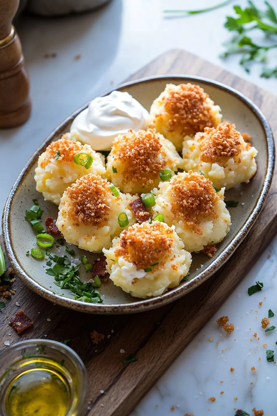Crispy loaded mashed potato bites topped with cheese and chives