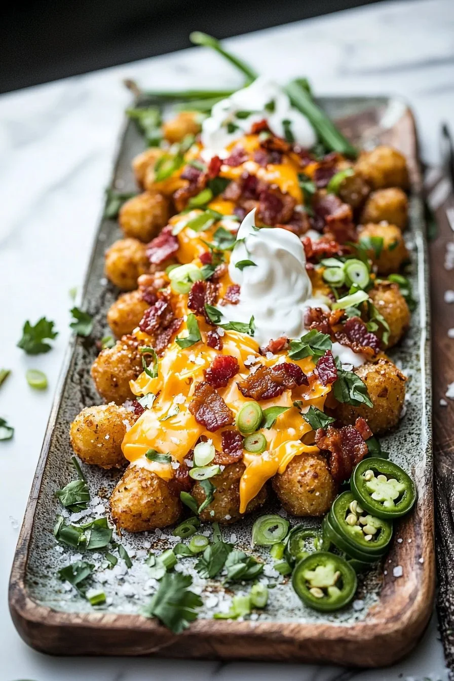 Loaded tater tot appetizers served on a platter.