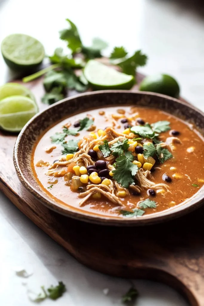 Bowl of low-fat chicken enchilada soup garnished with cilantro and lime