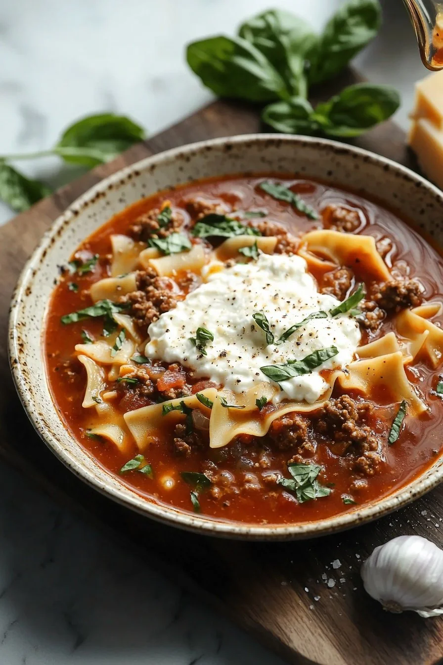 Delicious bowl of magical lasagna soup topped with cheese and herbs