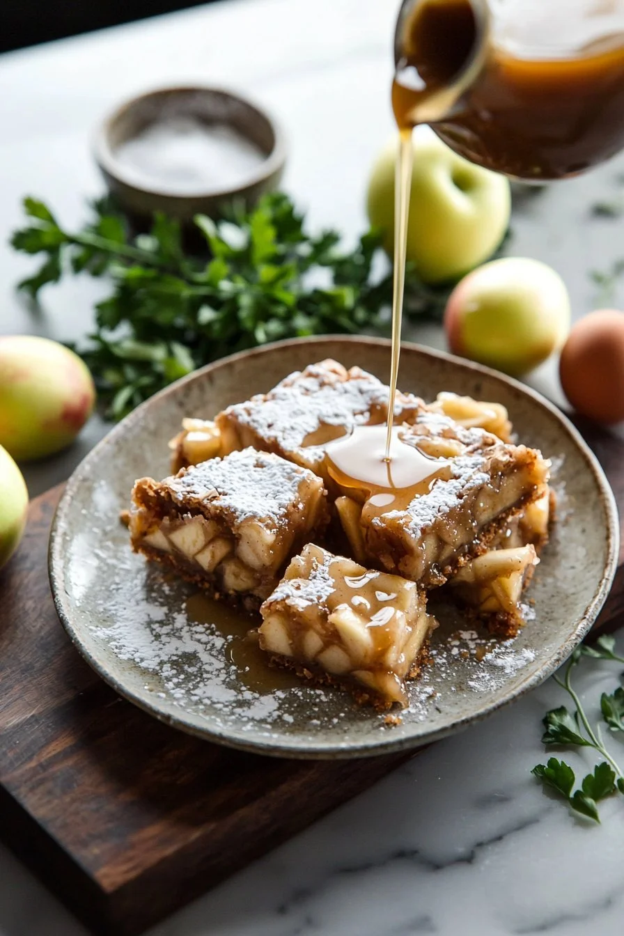 Maple glazed apple blondies with chunks of apple on a wooden plate