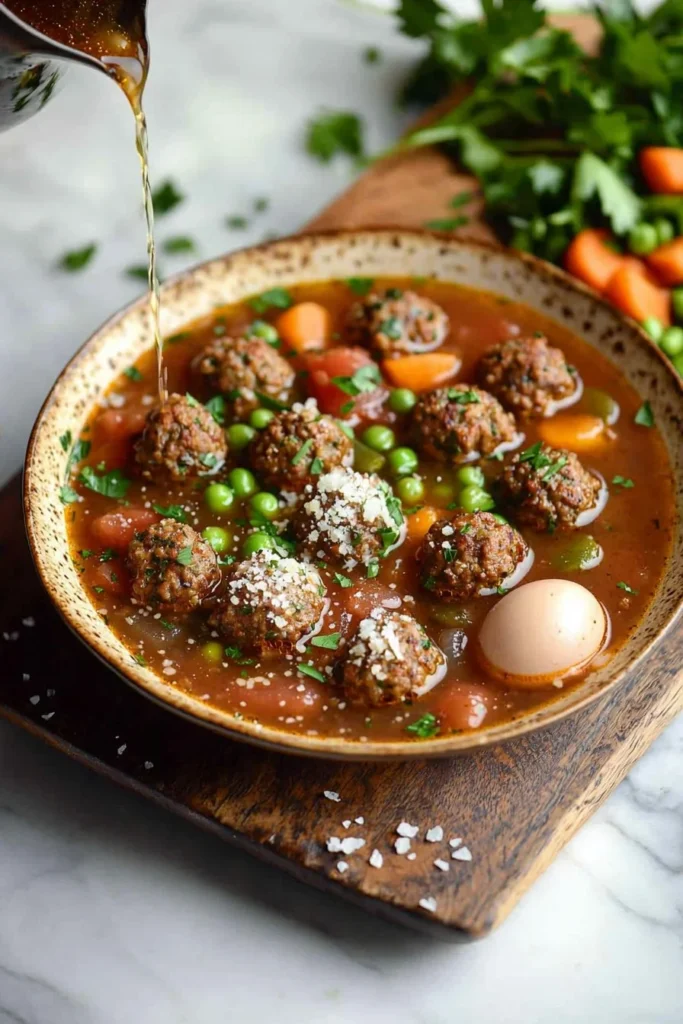Delicious Meatball Soup with tender meatballs and fresh vegetables in a bowl.