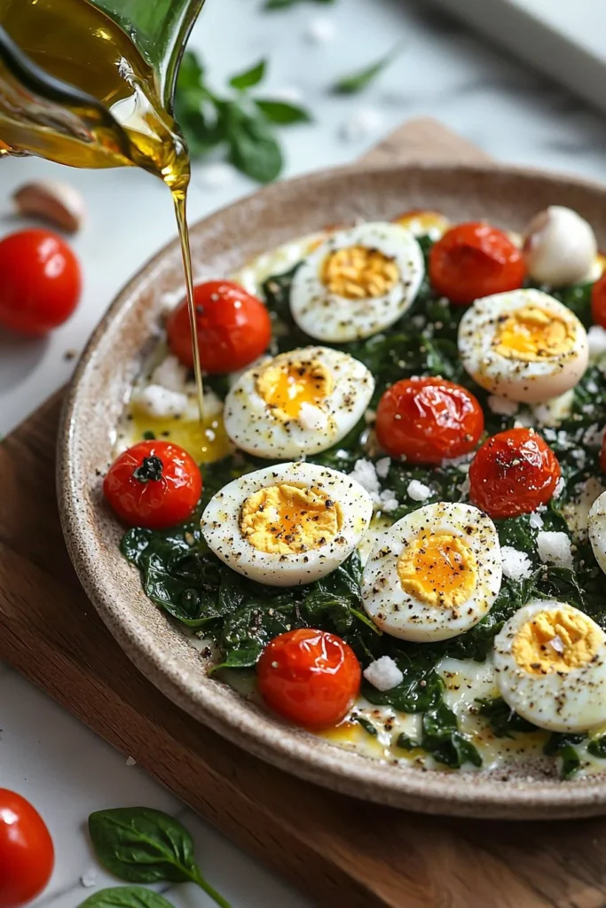 Plate of Mediterranean baked feta eggs garnished with herbs and spices.