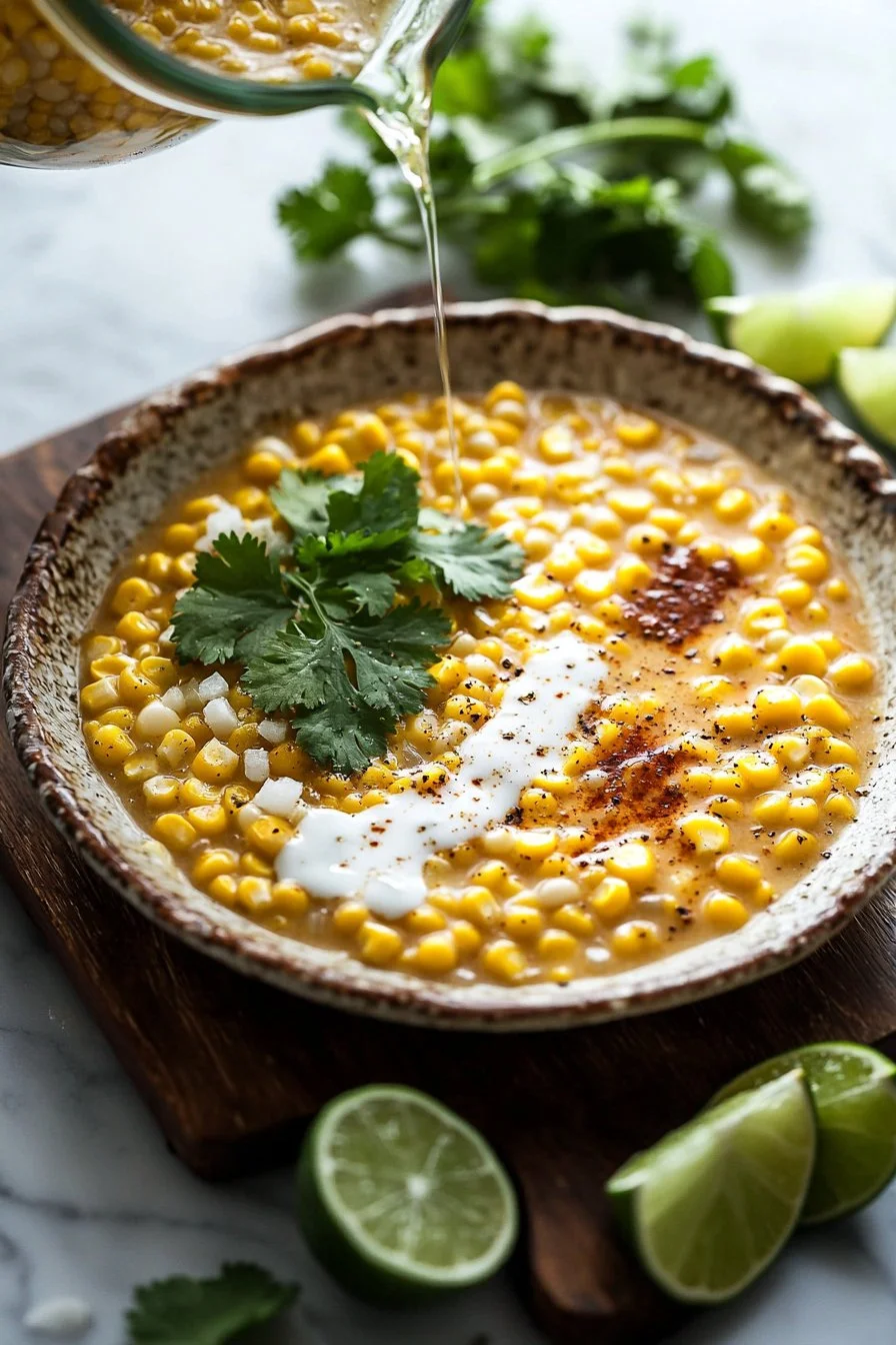 Delicious Mexican street corn soup garnished with cilantro and lime.