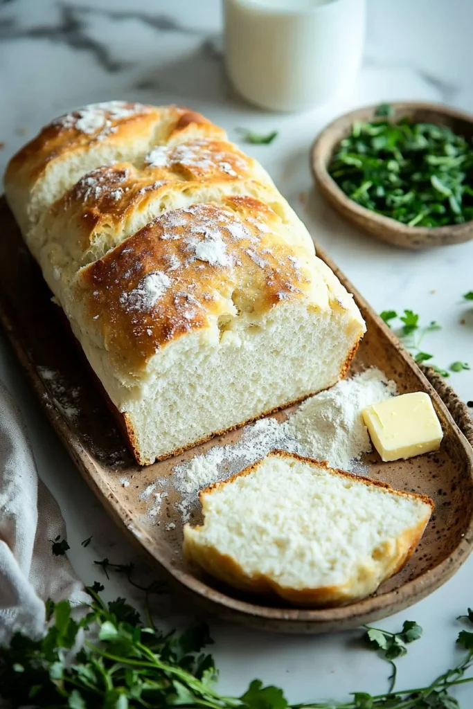 Freshly baked Milk Bread loaf with a golden crust and soft interior.