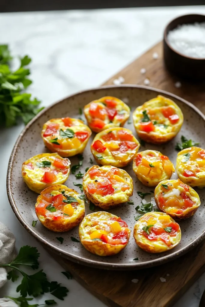 Mini breakfast omelets served with vegetables and cheese