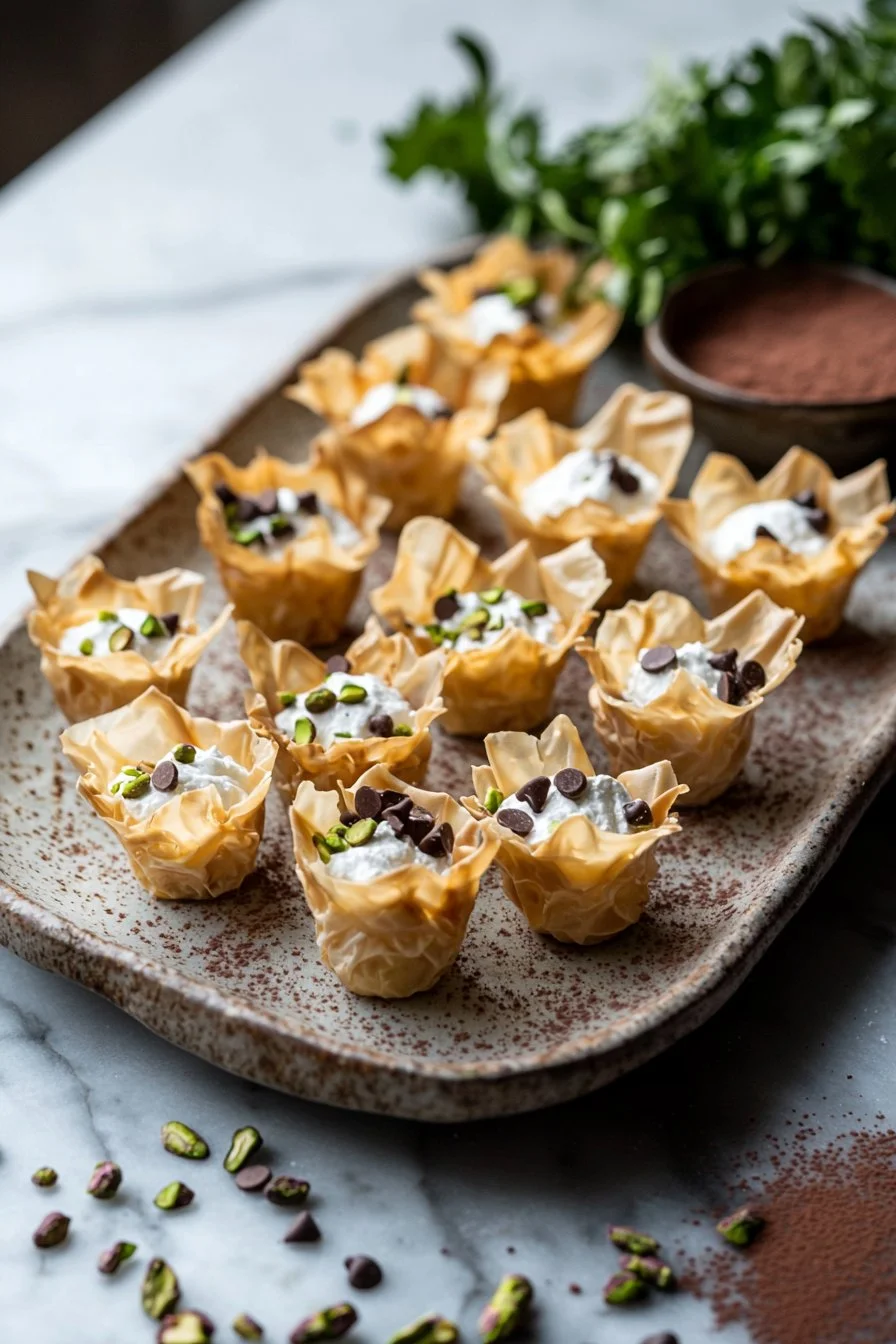 Delicious mini cannoli cups filled with sweet ricotta cream