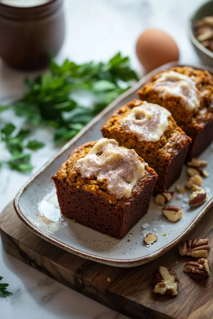 Freshly baked mini pumpkin bread with a cinnamon swirl.