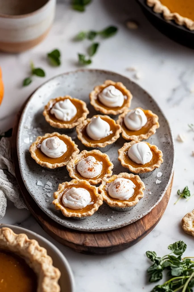 Mini pumpkin pies topped with whipped cream on a wooden table