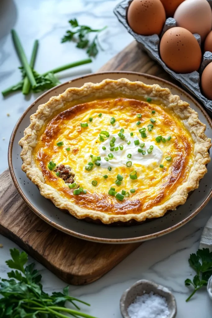 Delicious Mississippi Sin Quiche topped with cheese and green onions