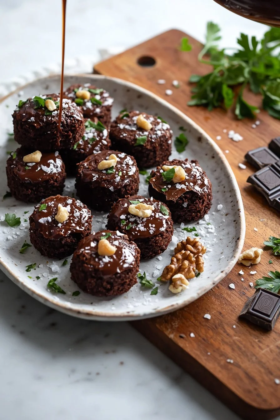 Delicious no-bake brownie bites arranged on a plate