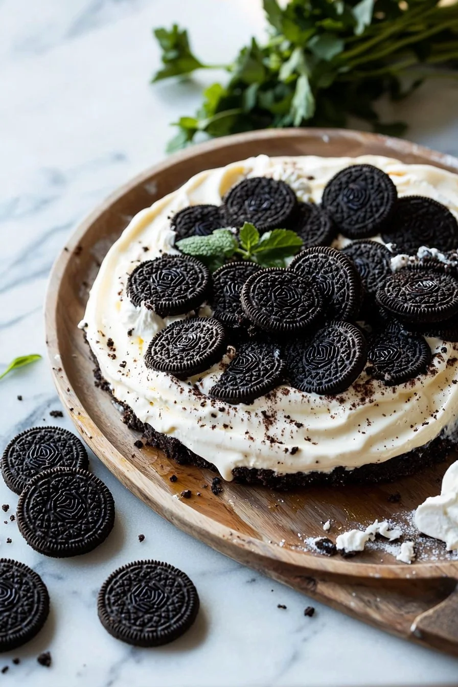 No-Bake Oreo Cheesecake topped with crushed Oreos and chocolate drizzle