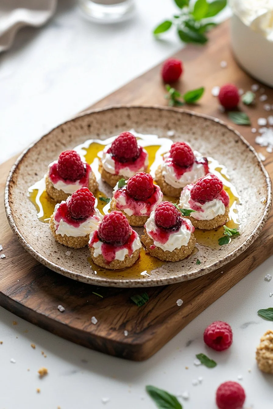 No Bake Raspberry Cheesecake Bites topped with fresh raspberries