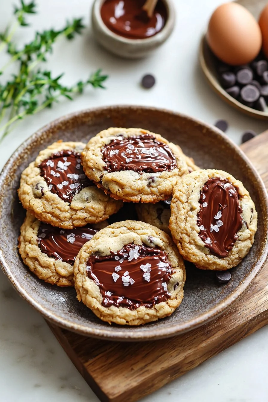 Nutella-stuffed chocolate chip cookies on a baking tray
