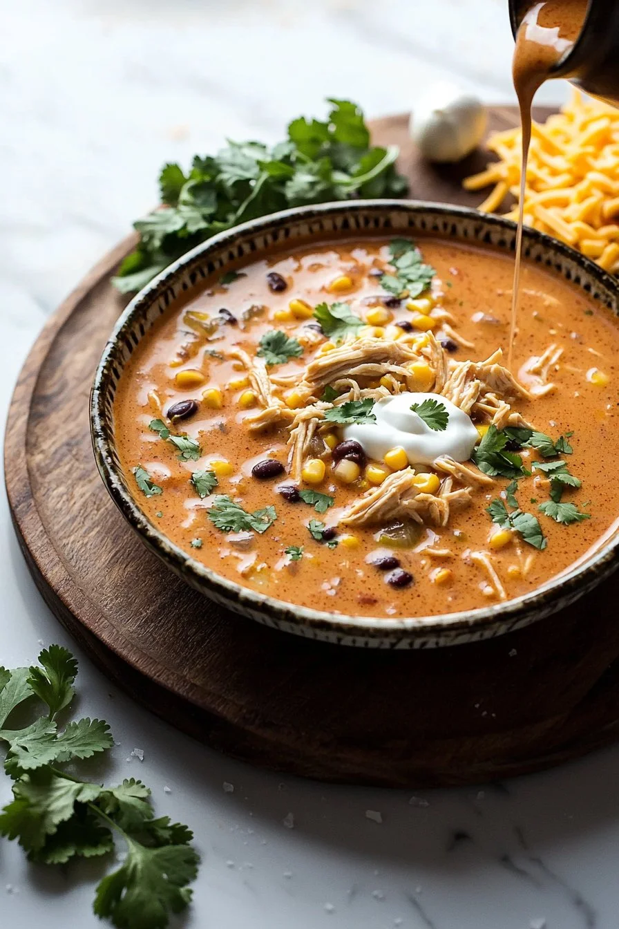 One pot creamy chicken enchilada soup with fresh ingredients and toppings