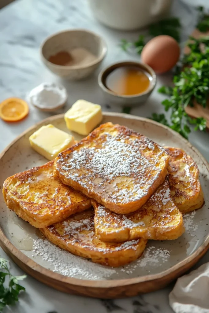 Delicious plate of Orange French Toast topped with fresh orange slices and syrup