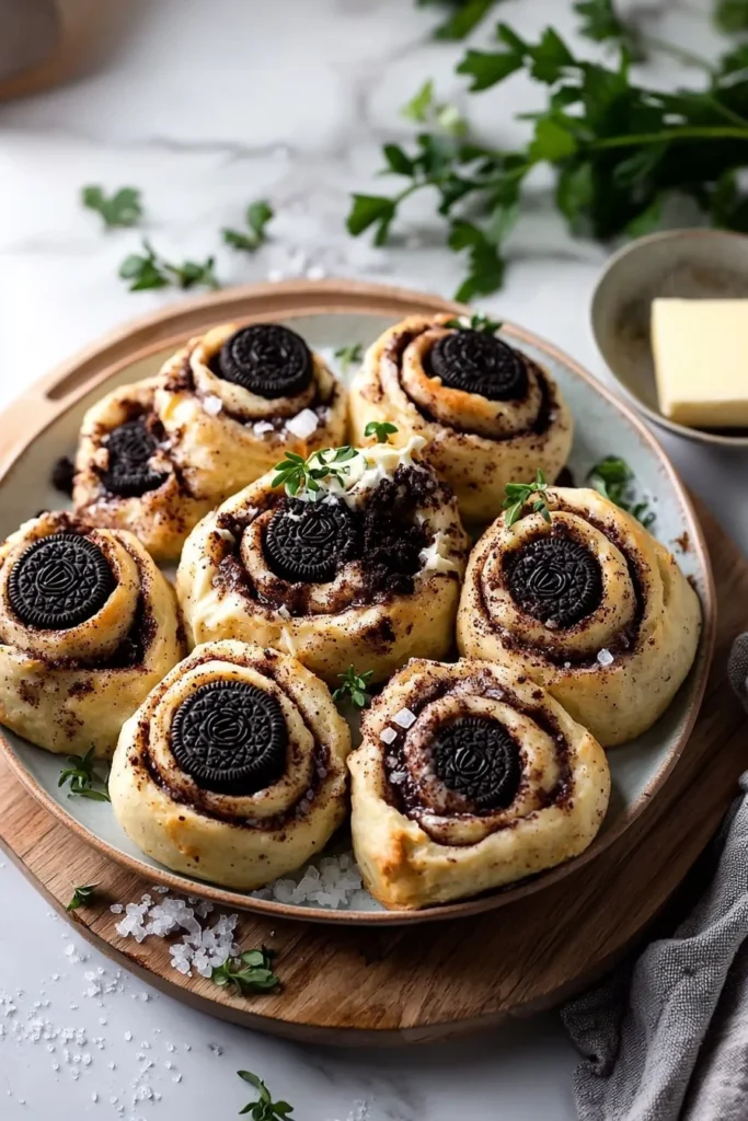 Delicious Oreo Cinnamon Rolls topped with creamy frosting and crushed Oreos.