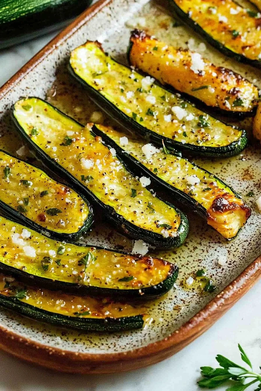 Oven baked zucchini slices seasoned and crispy, ready to serve.