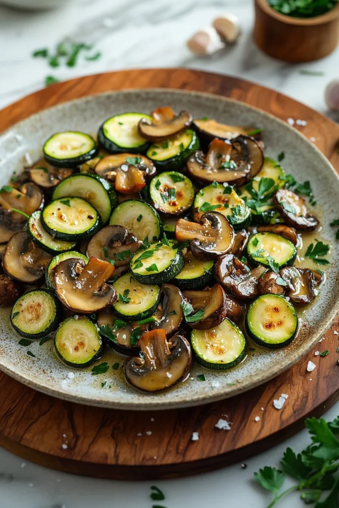 Delicious plate of pan fried zucchini and mushrooms served as a side dish