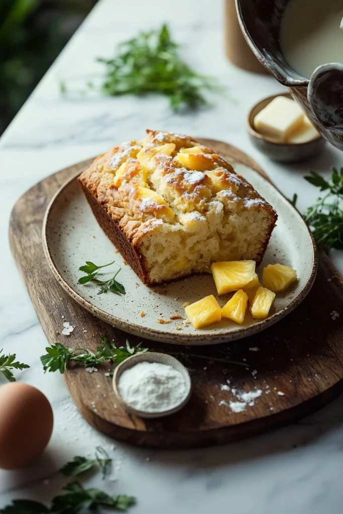 Freshly baked pineapple bread loaf with tropical fruit slices on top