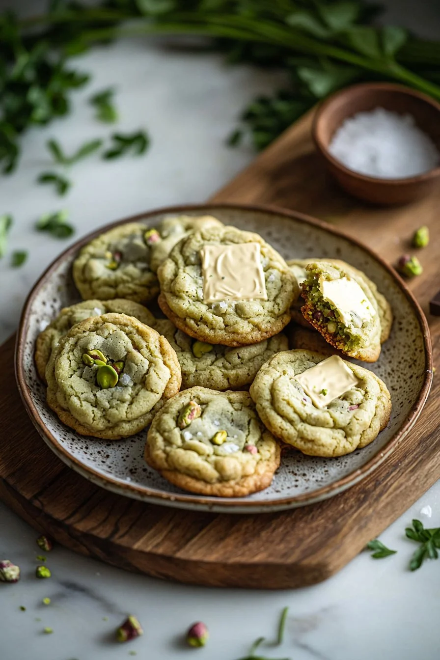 Freshly baked pistachio pudding cookies stacked on a plate