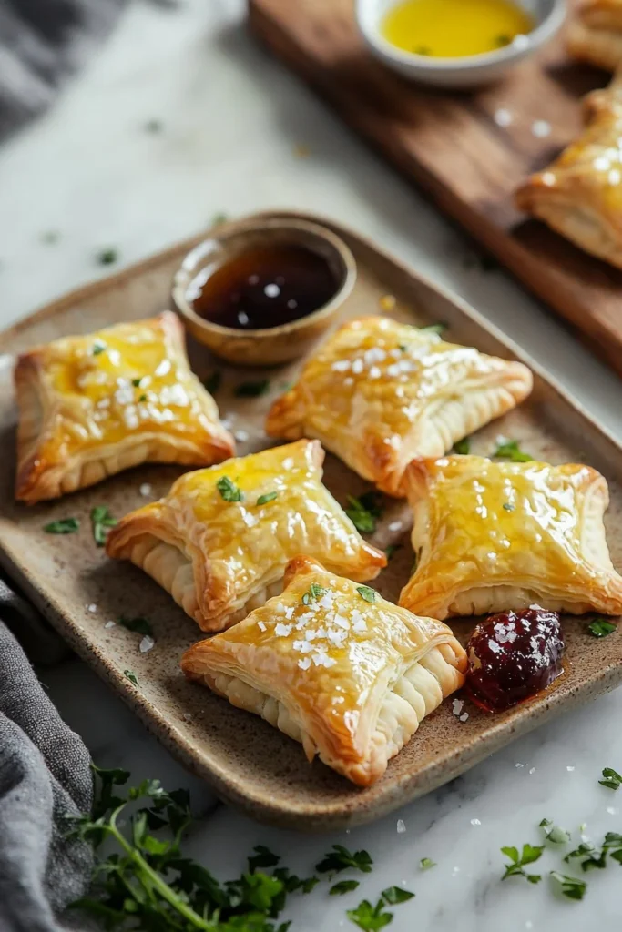 Delicious puff pastry brie bites served on a platter