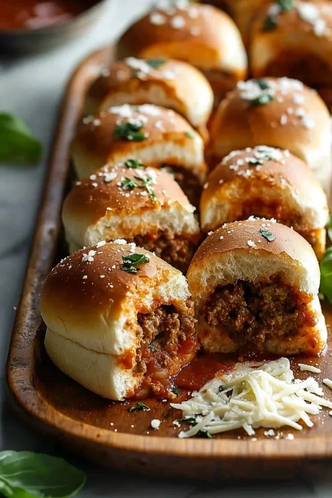 Pull-apart meatball sliders topped with cheese on a baking dish