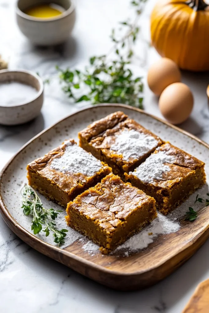 Delicious homemade pumpkin bars with frosting on a white plate
