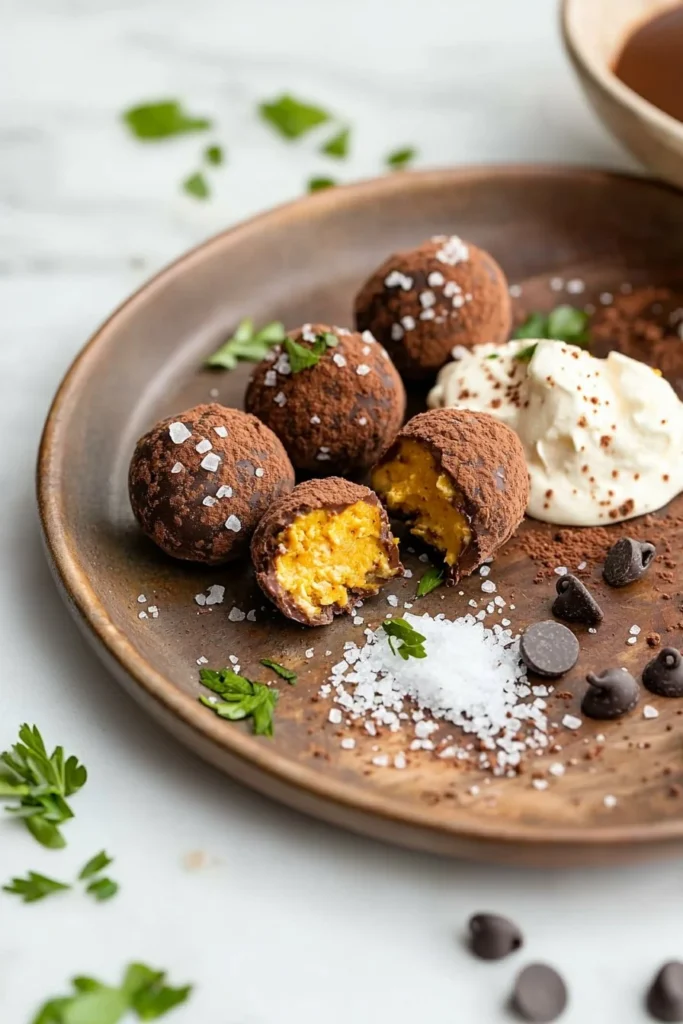 Delicious pumpkin cheesecake truffles topped with chocolate and spices