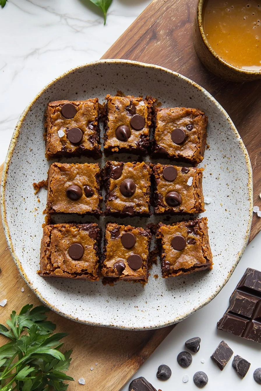 Delicious Pumpkin Chocolate Chip Blondies topped with chocolate chips and spices.