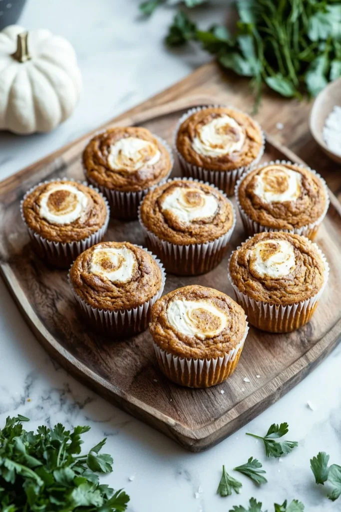 Delicious pumpkin cream cheese swirl muffins on a wooden table
