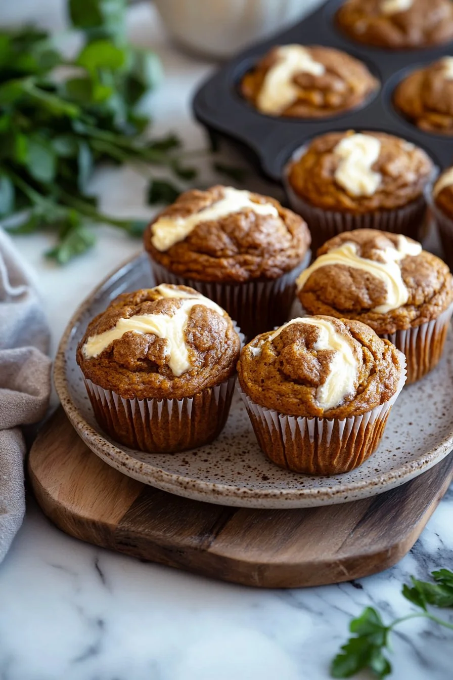Pumpkin Cream Cheese Swirl Muffins fresh out of the oven
