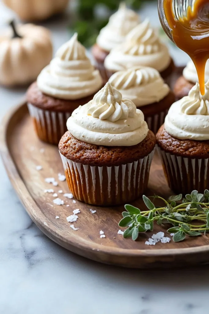 Pumpkin cupcakes with caramel cream cheese frosting on a rustic table