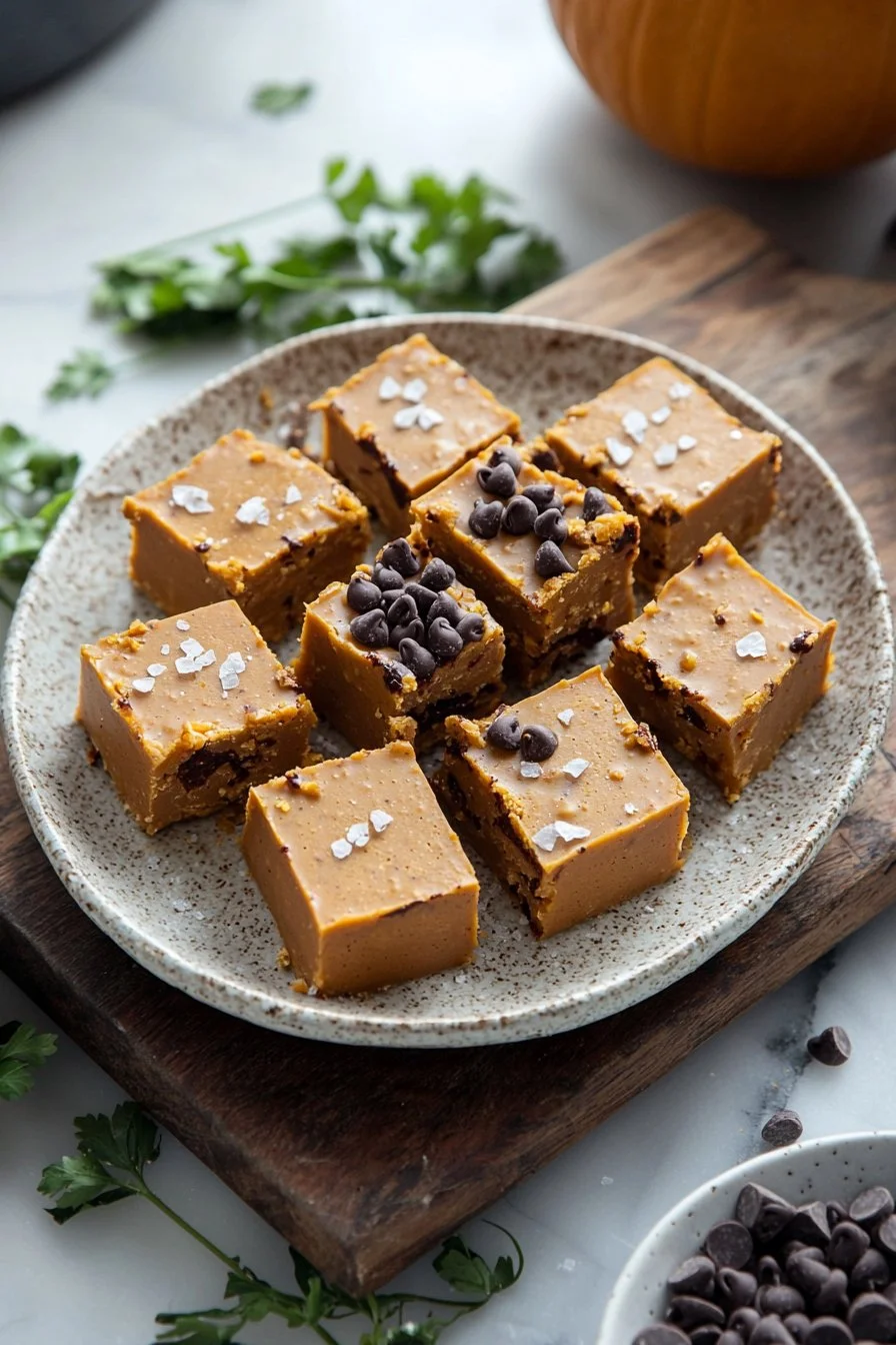 Delicious homemade pumpkin fudge topped with nuts for a seasonal treat