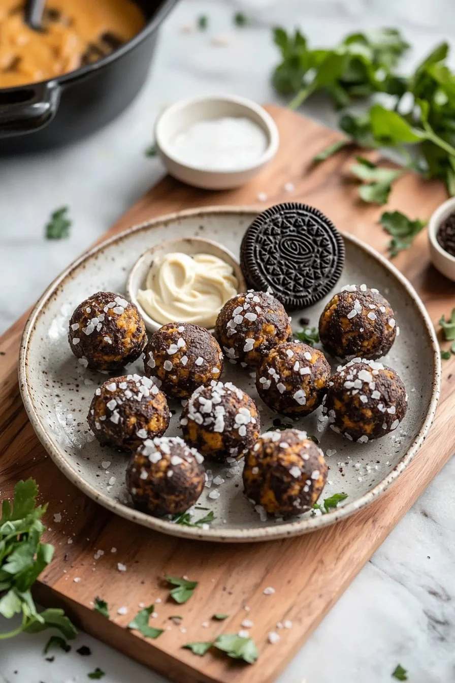 Delicious Pumpkin Oreo Balls coated in white chocolate for a festive fall treat.
