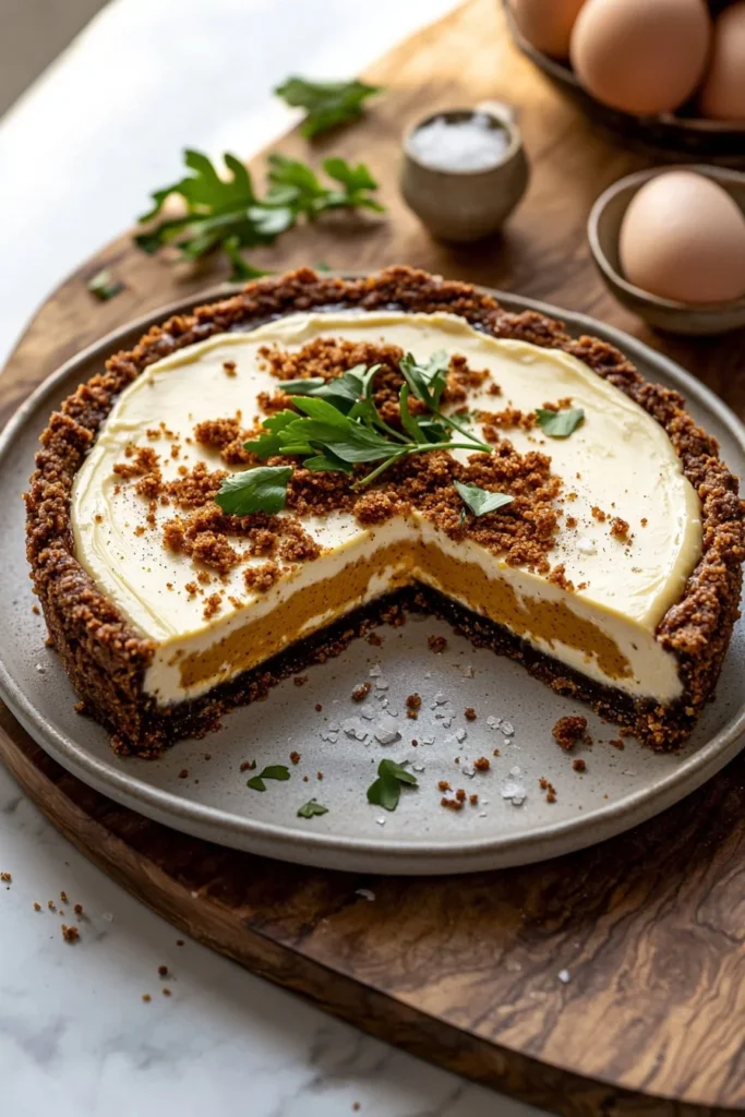 Slice of delicious pumpkin pie cheesecake on a plate with whipped cream