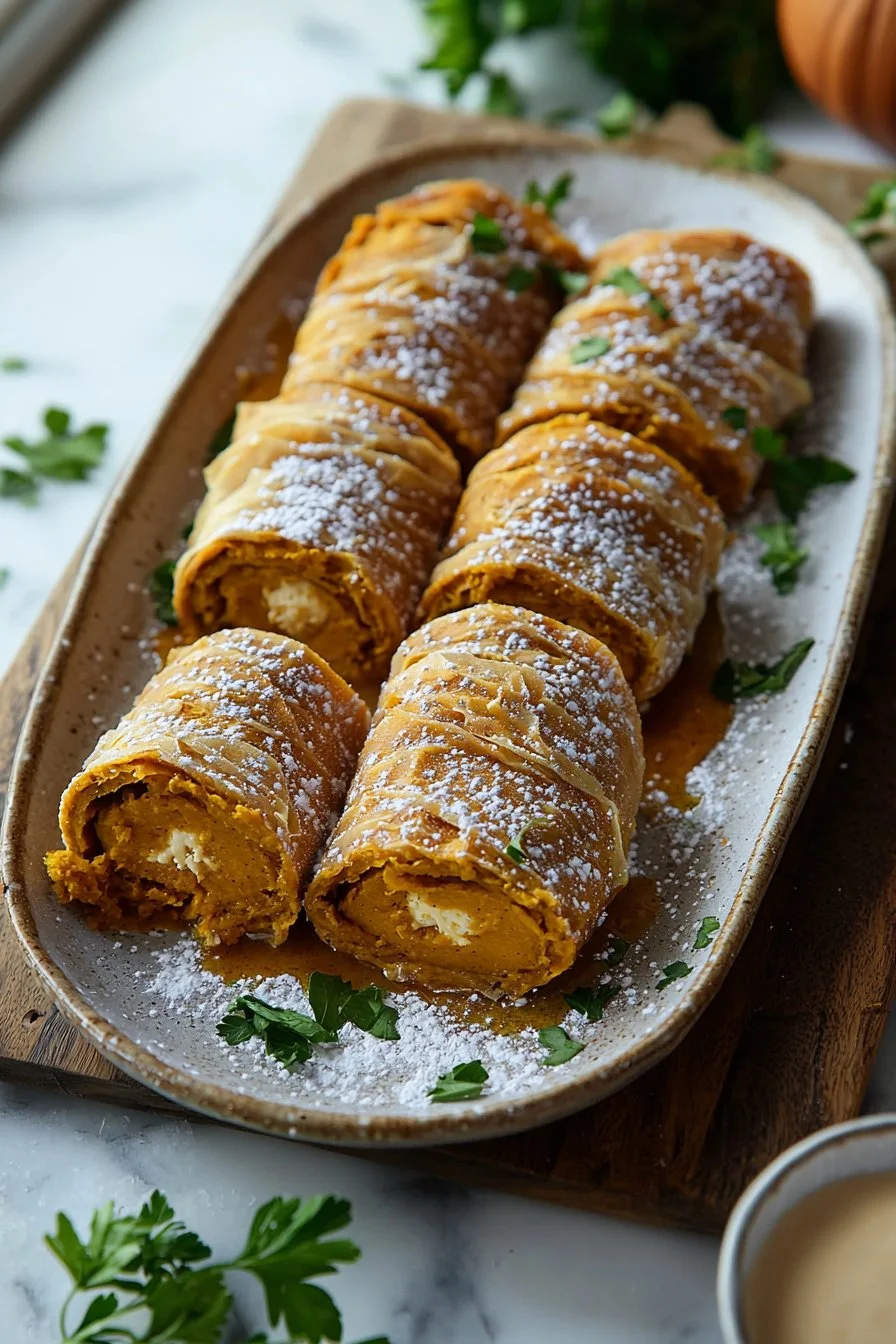 Delicious pumpkin rolls with cream cheese filling on a plate