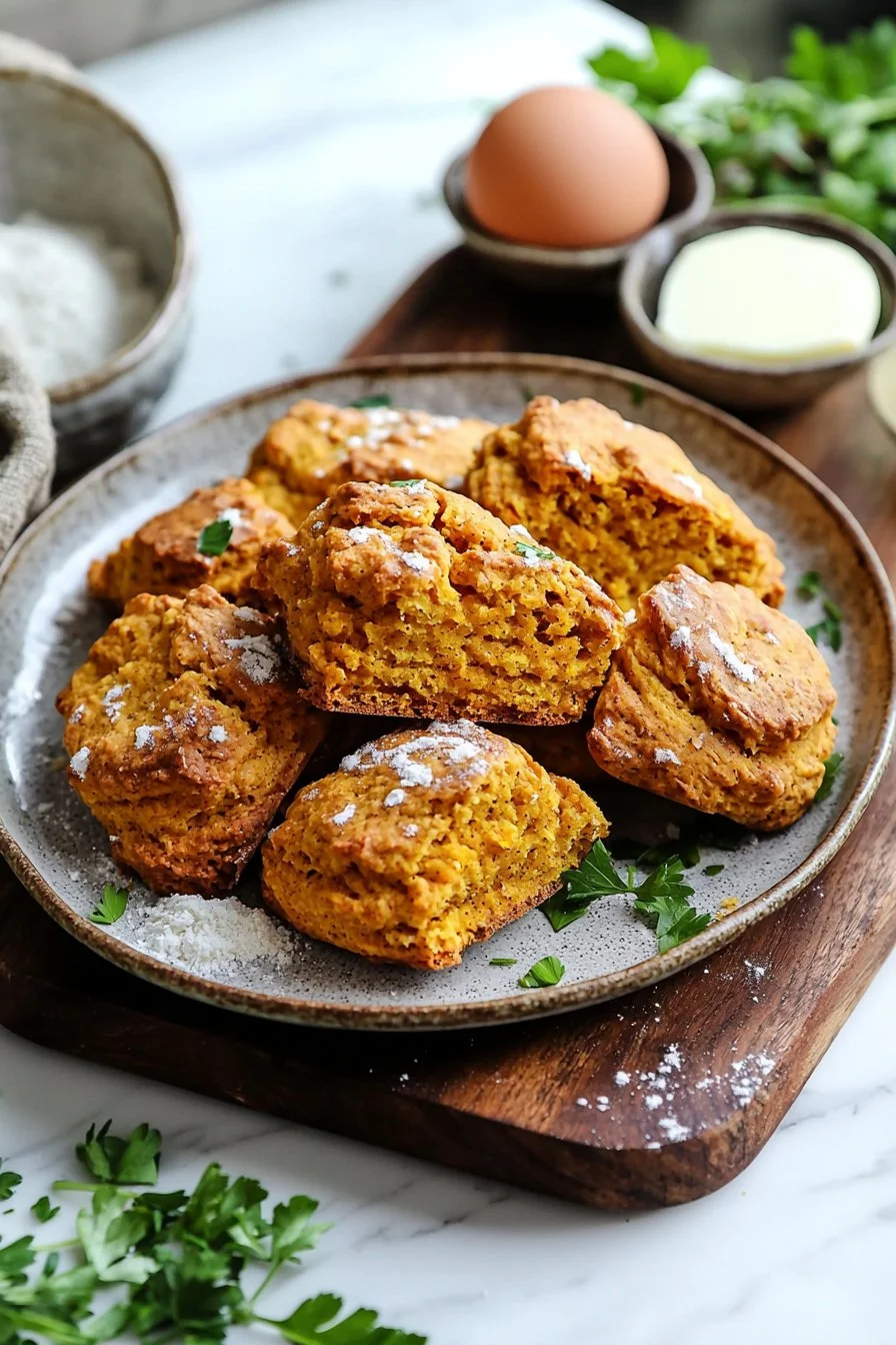 Freshly baked pumpkin scones on a wooden table, drizzled with icing
