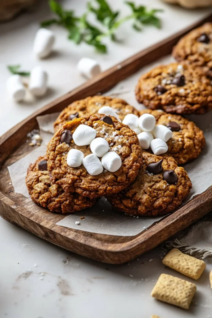 Pumpkin S'mores Cookies with marshmallows and chocolate on a rustic table.