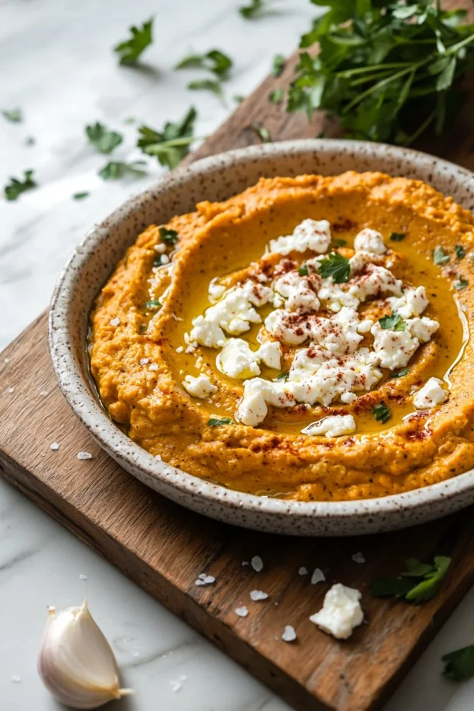 Creamy Pumpkin Whipped Feta Dip served in a bowl with crackers