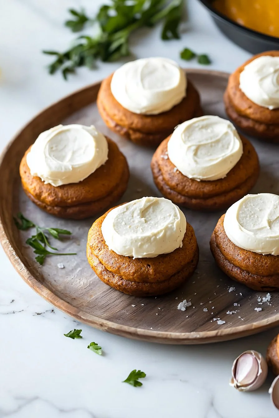 Delicious homemade Pumpkin Whoopie Pies with cream filling on a rustic table.