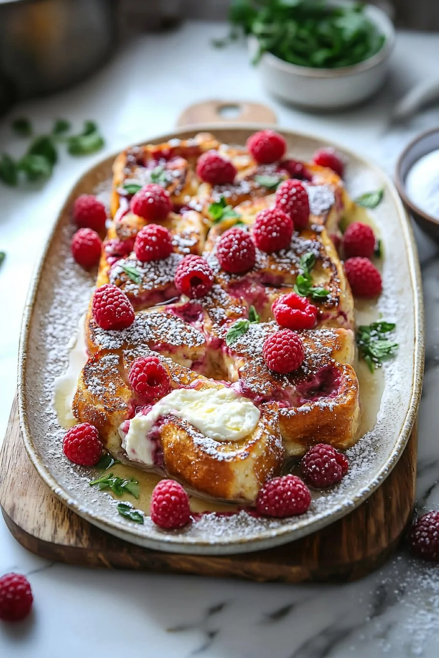Delicious Raspberry Cheesecake French Toast Casserole with fresh raspberries