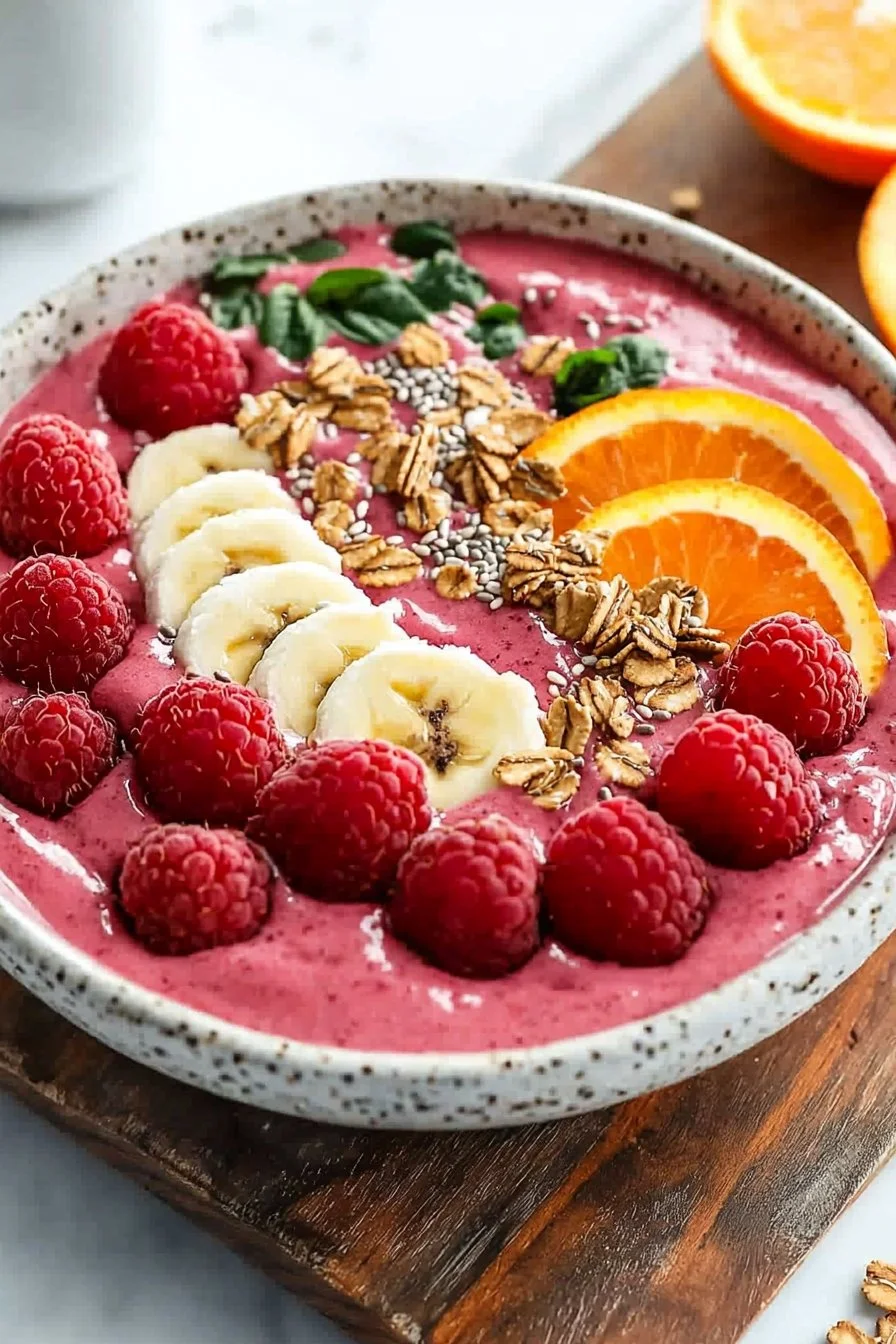 Colorful Raspberry Orange Smoothie Bowl topped with fresh fruits and seeds