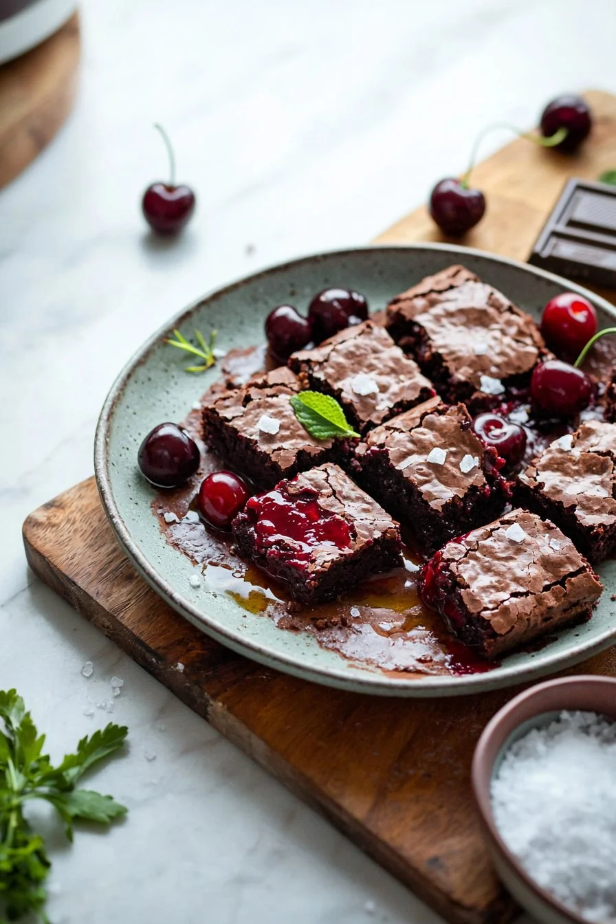Delicious roasted cherry brownies topped with fresh cherries and chocolate sauce.