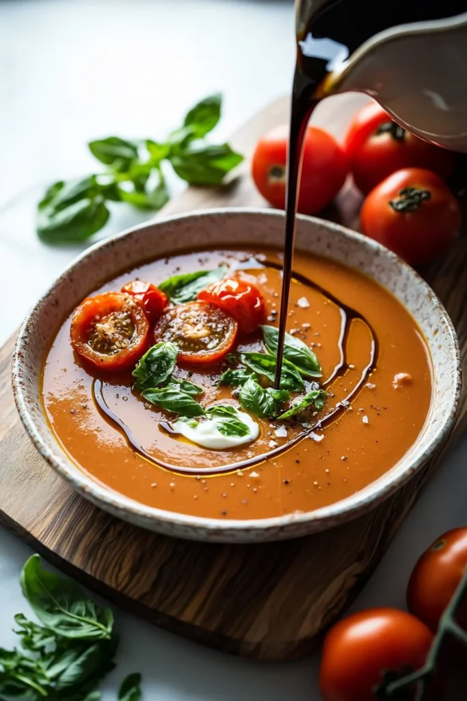 A bowl of delicious roasted tomato basil soup garnished with fresh basil leaves.