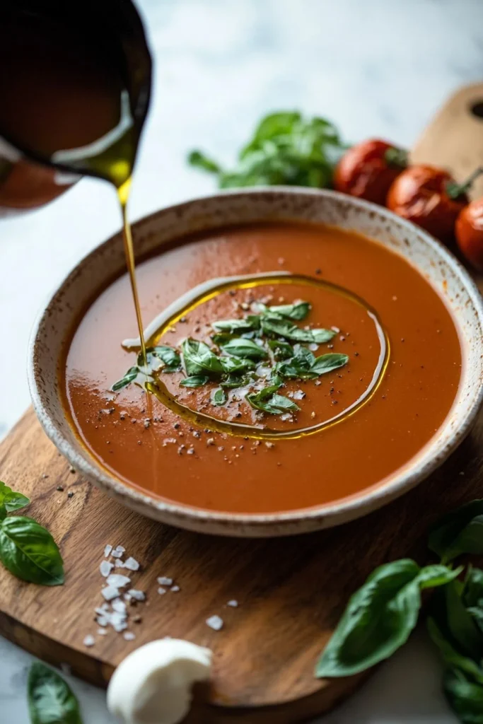 A bowl of roasted tomato basil soup garnished with fresh basil leaves.
